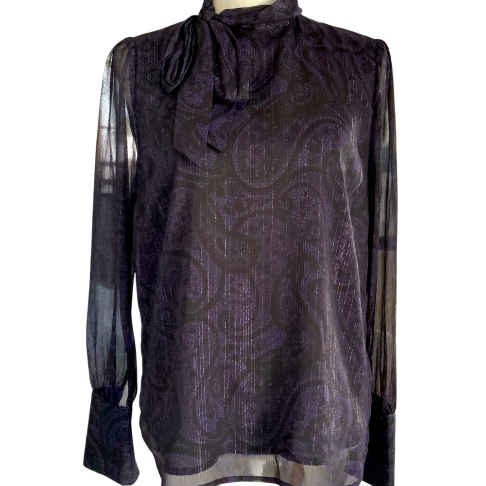 Michael Kors Women’s Blouse Black Purple Sheer Paisley Long Sleeves NWT